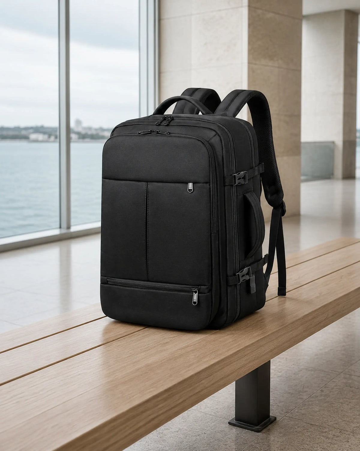 Schwarzer MetroSlim Reise-Rucksack auf einer Holzbank im modernen Fährterminal.