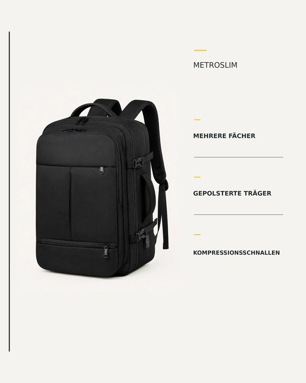 Schwarzer MetroSlim Reise-Rucksack mit mehreren Fächern, gepolsterten Trägern und Kompressionsschnallen.