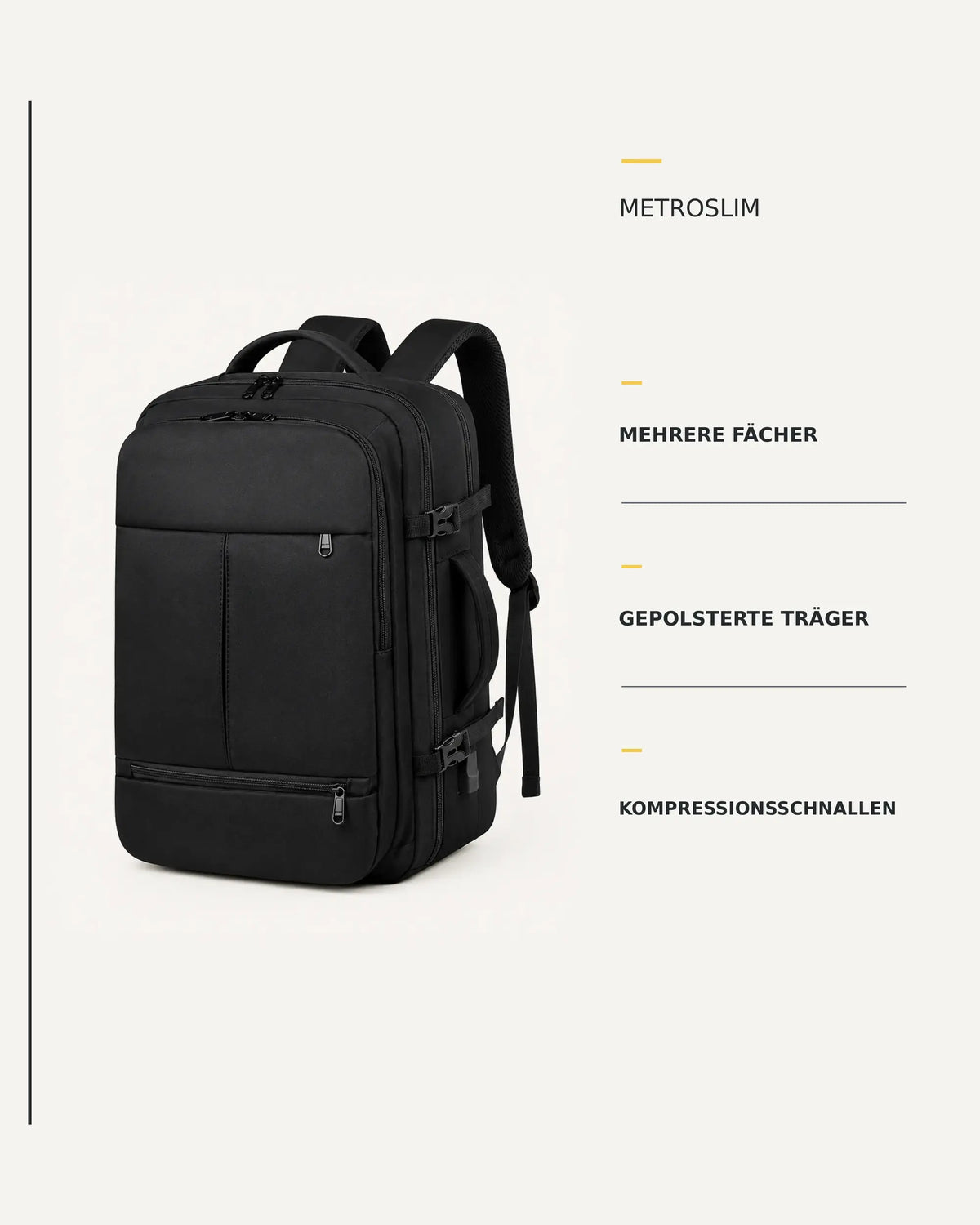 Schwarzer MetroSlim Reise-Rucksack mit mehreren Fächern, gepolsterten Trägern und Kompressionsschnallen.
