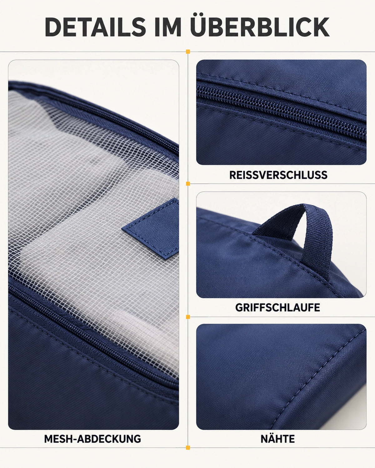 Mesh-Abdeckung, Reißverschluss, Griffschlaufe und Nähte des CARRYON X PackEase Sets.