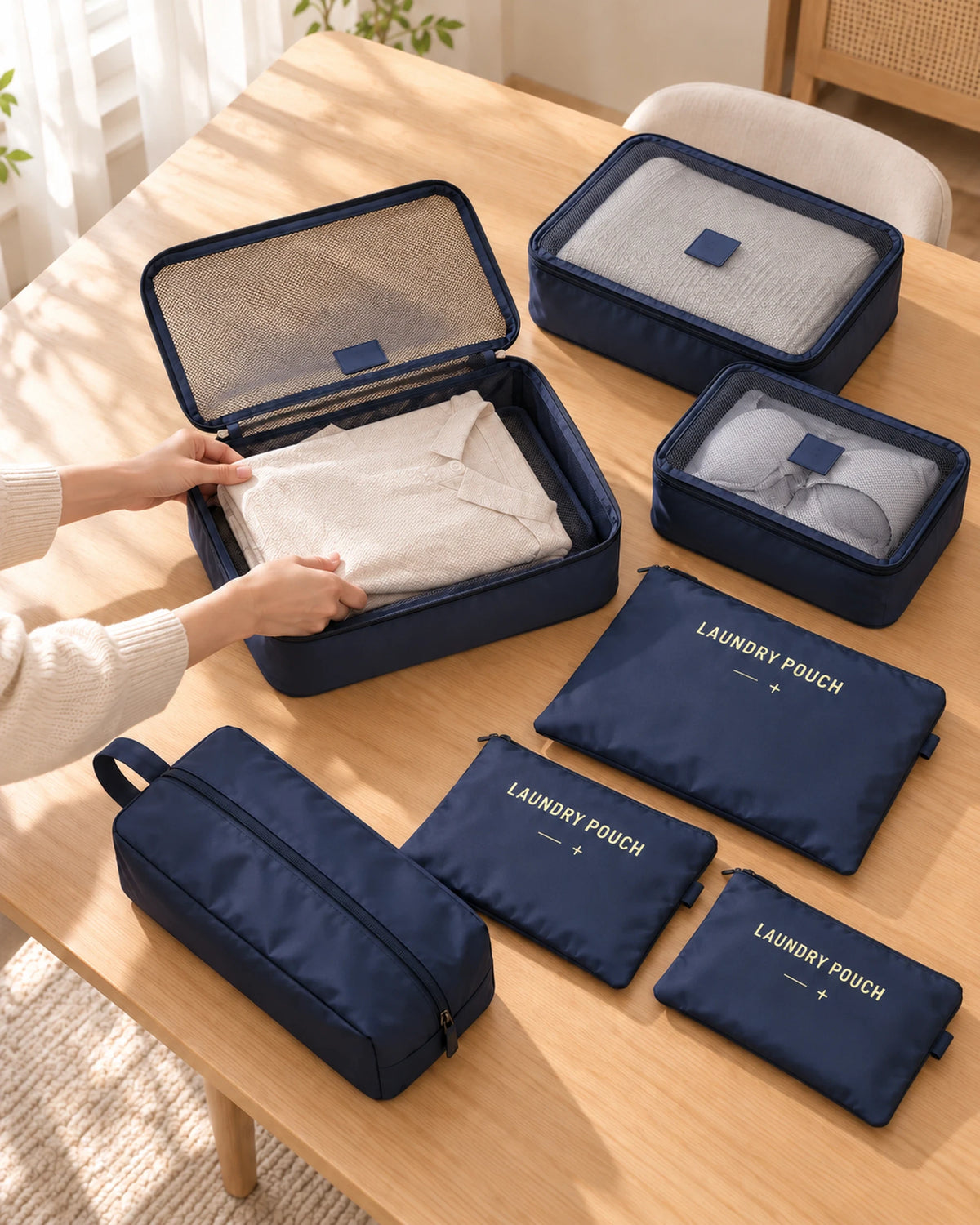 CARRYON X PackEase Reise-Organizer-Set in Navy beim Packen.