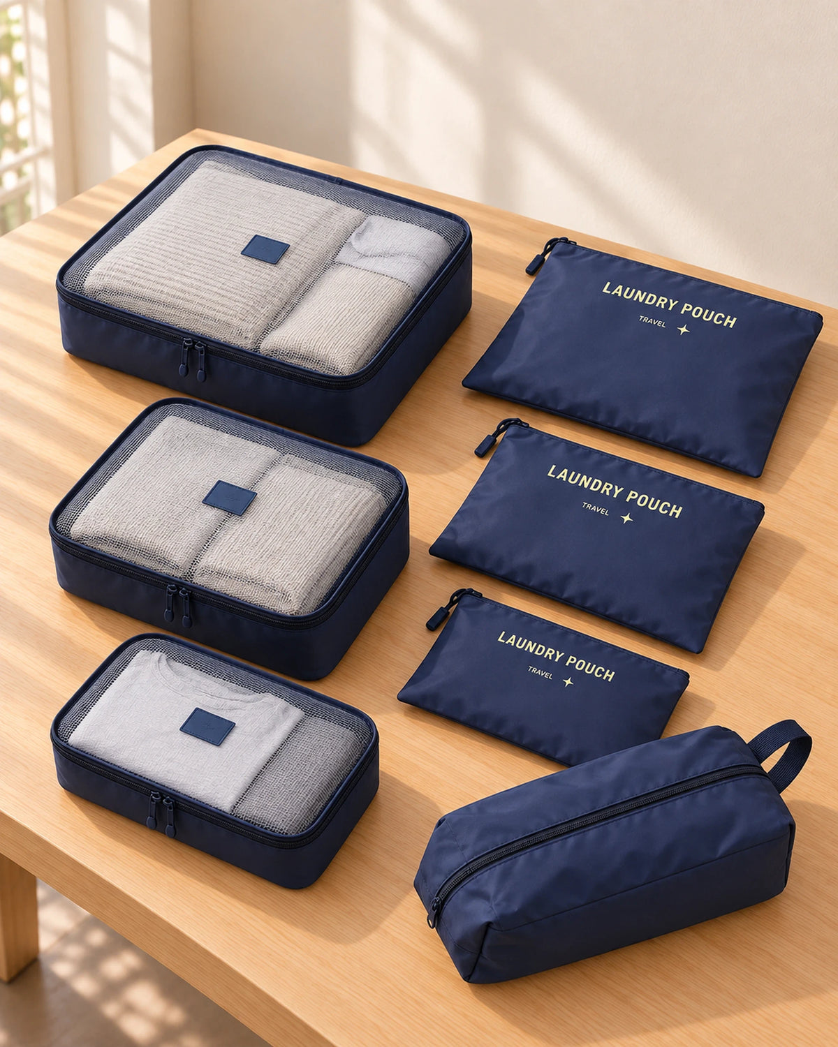 CARRYON X PackEase Reise-Organizer-Set in Navy auf einem hellen Holztisch.