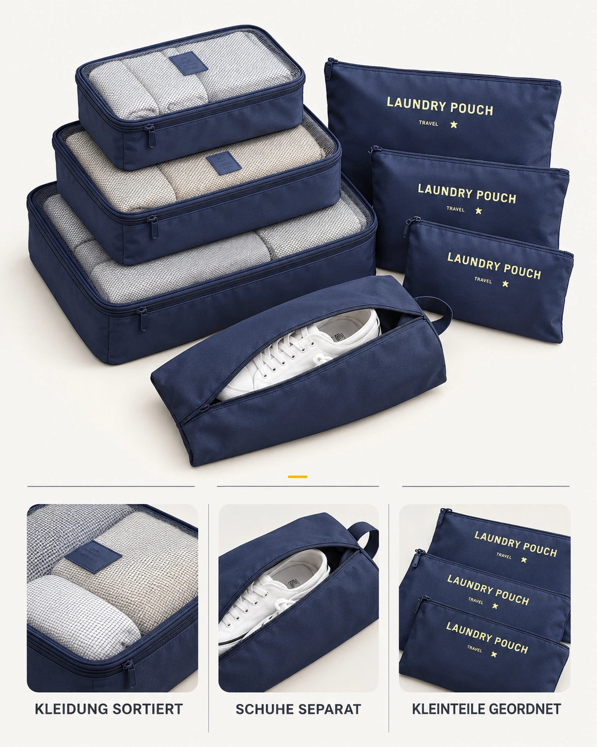 CARRYON X PackEase in Navy: Kleidung sortiert, Schuhe separat und Kleinteile geordnet.