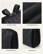 CARRYON X PocketGo Kosmetiktasche in Schwarz, mit Nahaufnahmen von Material, Nähten und Verschlüssen.