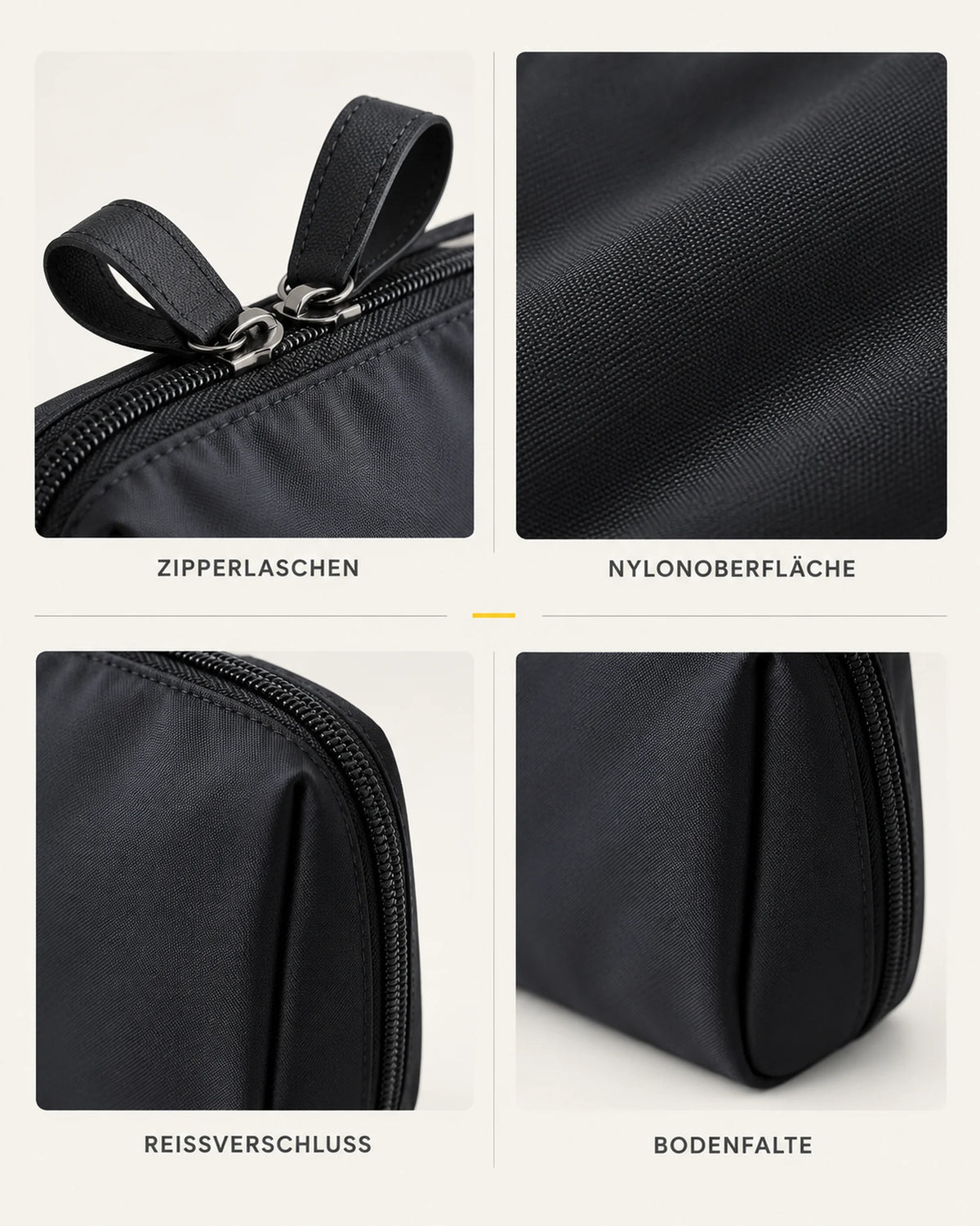 CARRYON X PocketGo Kosmetiktasche in Schwarz, mit Nahaufnahmen von Material, Nähten und Verschlüssen.