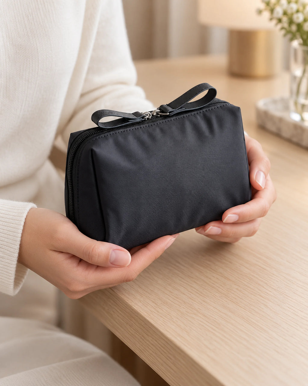 CARRYON X PocketGo Kosmetiktasche in Schwarz, in zwei Händen über dem Packtisch.