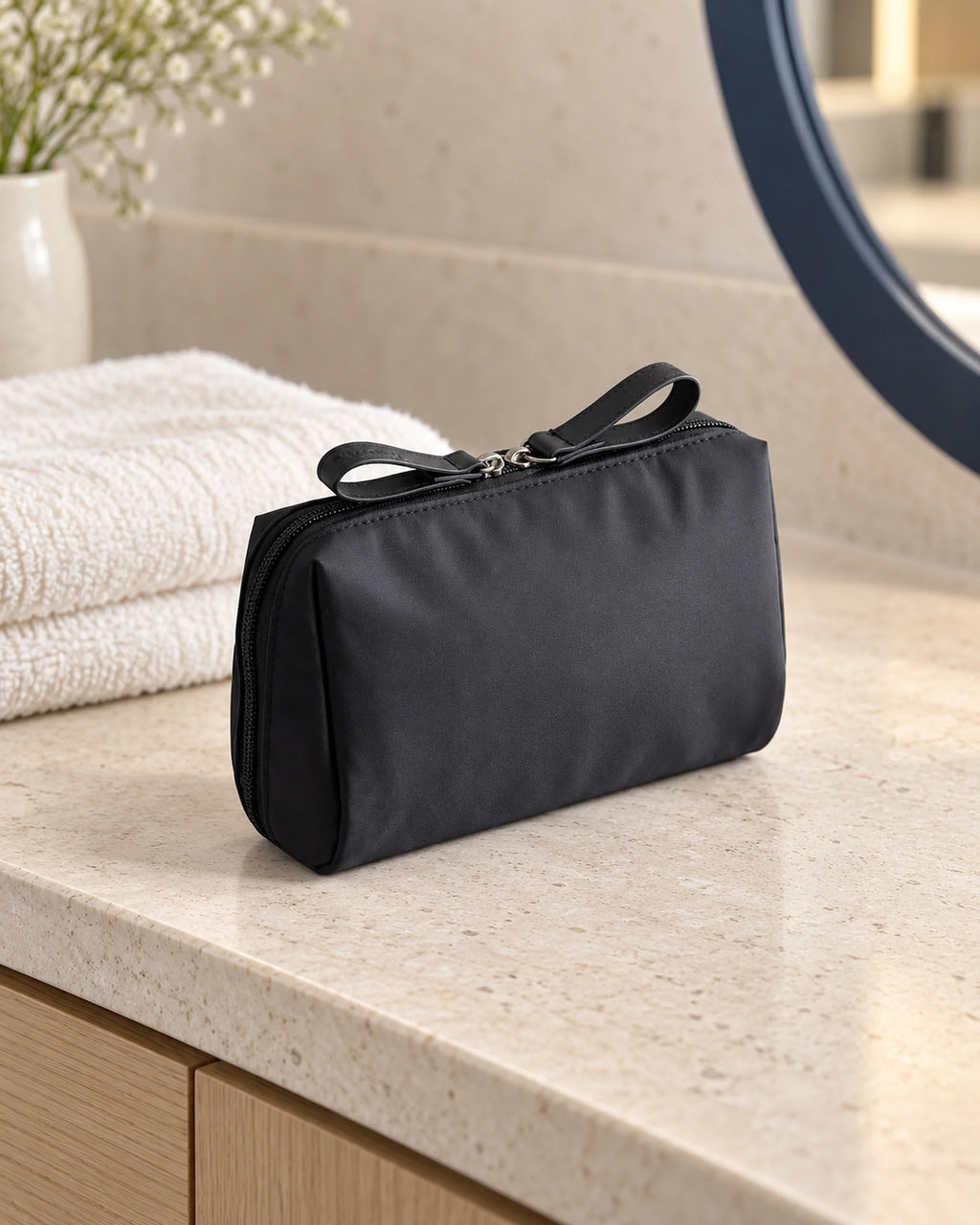 CARRYON X PocketGo Kosmetiktasche in Schwarz, in einer hellen Hotelumgebung.