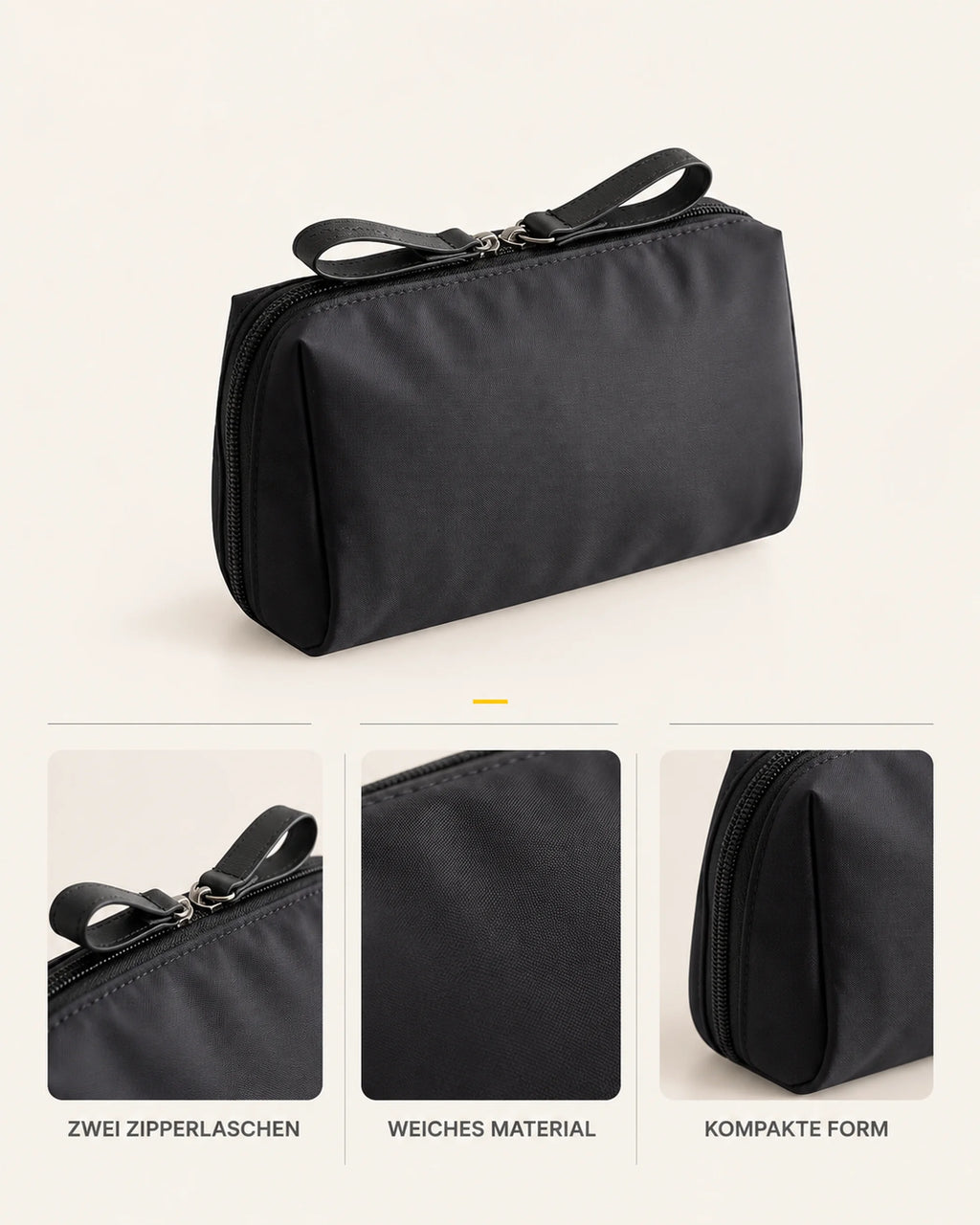 CARRYON X PocketGo Kosmetiktasche in Schwarz, mit Übersicht der sichtbaren Produktmerkmale.