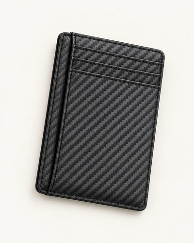 CARRYON X SlimGuard Mini-Geldbörse in Schwarz mit Carbonoptik und gestaffelten Kartenfächern.