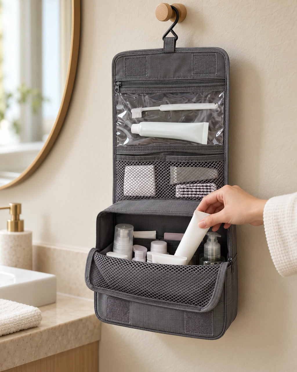 CARRYON X SortCase Kulturbeutel in Grau, beim Einräumen des geöffneten unteren Fachs.
