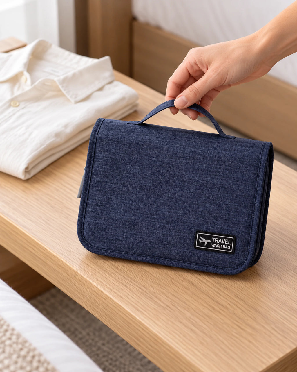 CARRYON X SortCase Kulturbeutel in Navy, beim Abstellen am Tragegriff.