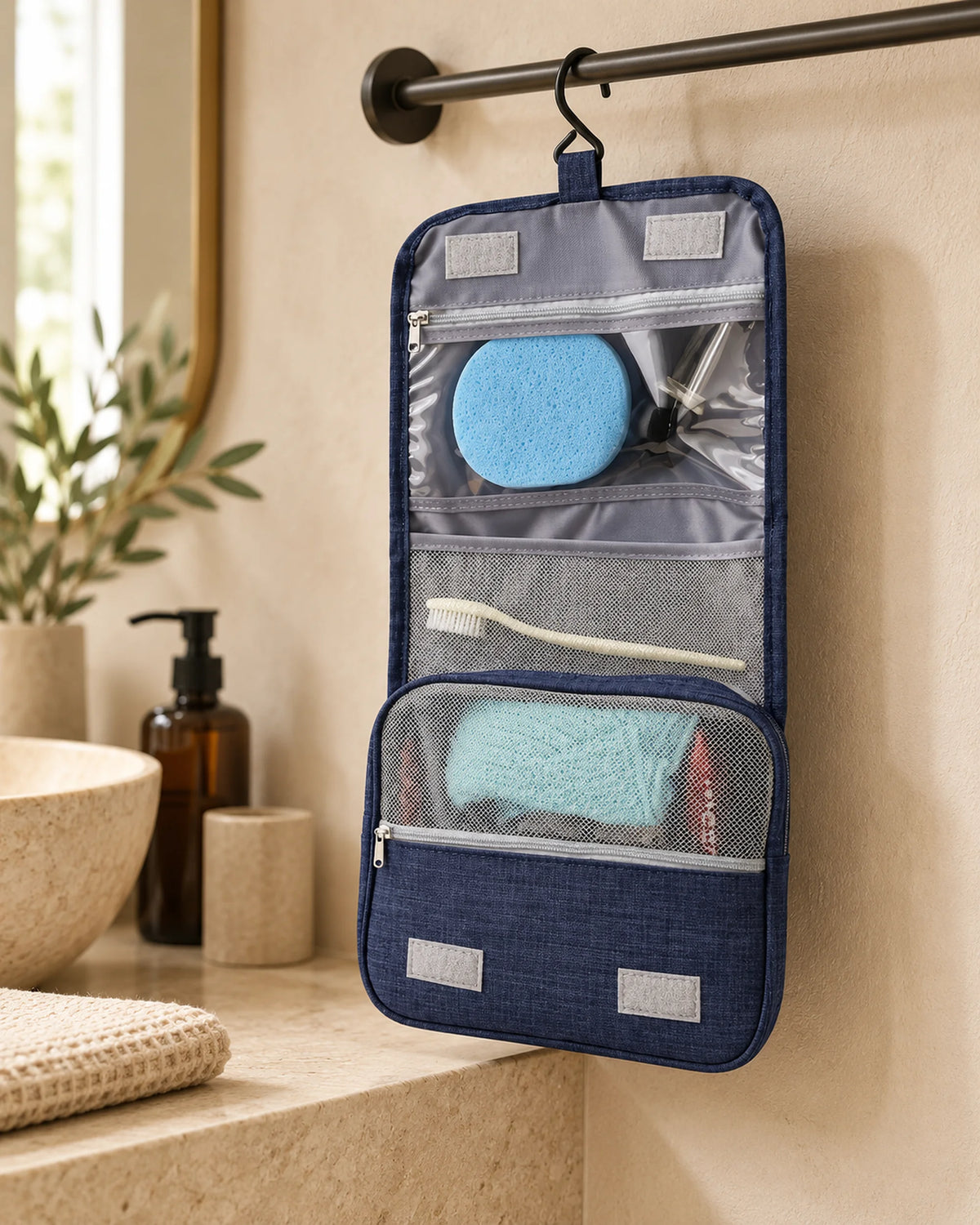 CARRYON X SortCase Kulturbeutel in Navy, aufgehängt mit sichtbaren Innenfächern im Hotelbad.