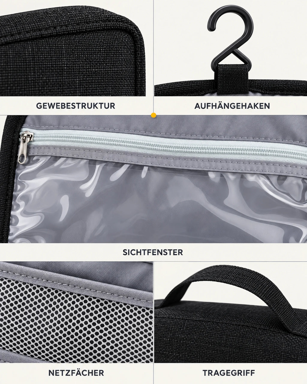 CARRYON X SortCase Kulturbeutel in Schwarz, mit Nahaufnahmen von Material, Nähten und Verschlüssen.