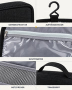CARRYON X SortCase Kulturbeutel in Schwarz, mit Nahaufnahmen von Material, Nähten und Verschlüssen.