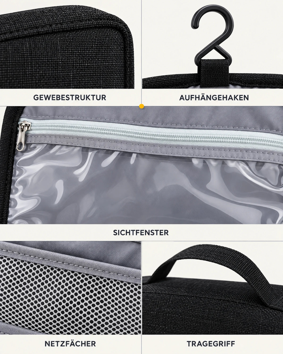 CARRYON X SortCase Kulturbeutel in Schwarz, mit Nahaufnahmen von Material, Nähten und Verschlüssen.