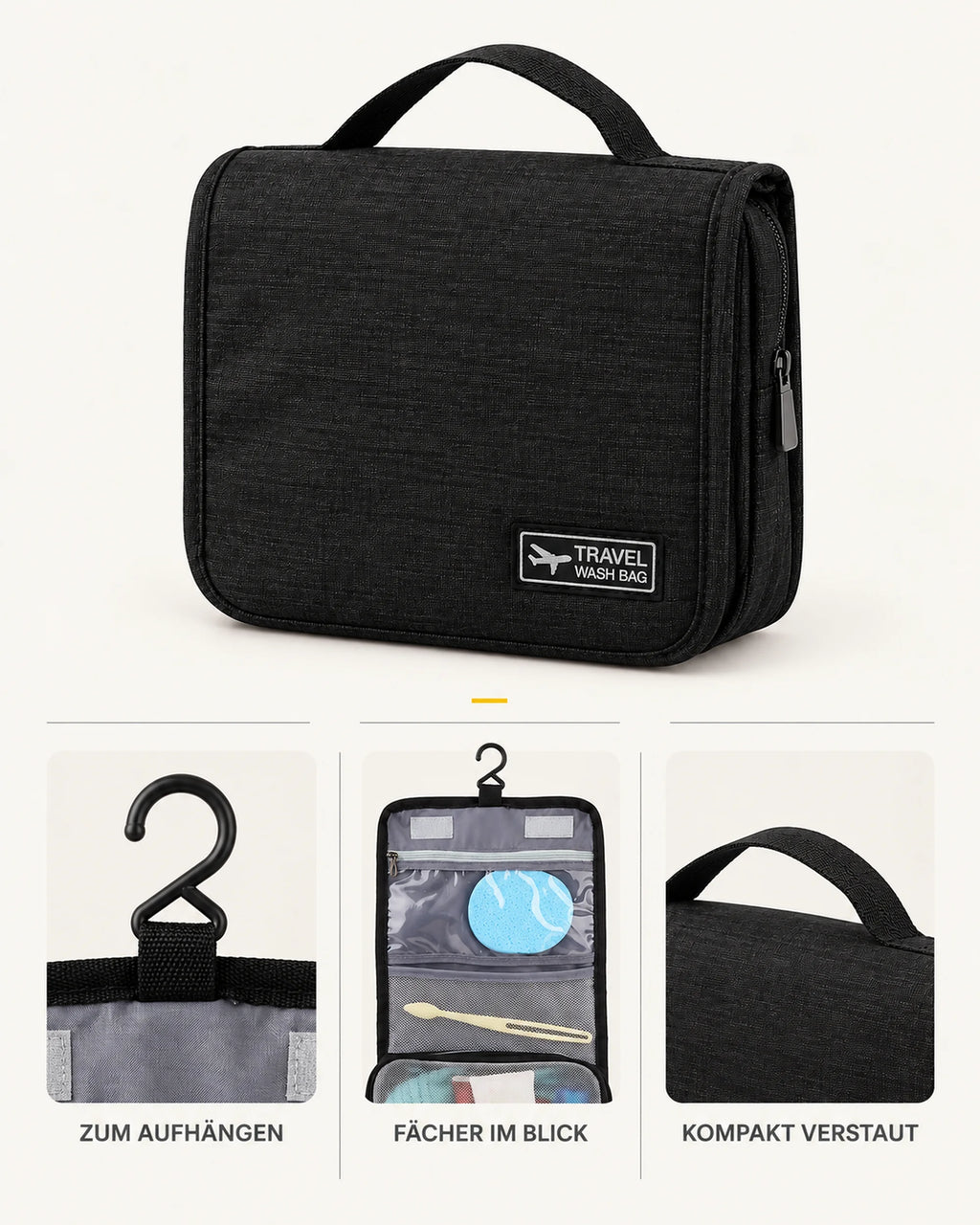 CARRYON X SortCase Kulturbeutel in Schwarz, mit Übersicht der sichtbaren Produktmerkmale.