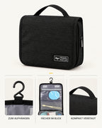 CARRYON X SortCase Kulturbeutel in Schwarz, mit Übersicht der sichtbaren Produktmerkmale.