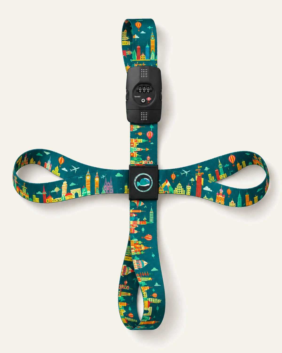 CARRYON X TSA-Protect Kofferband in Around the World als vollständiges Gurtsystem auf warmweißem Hintergrund