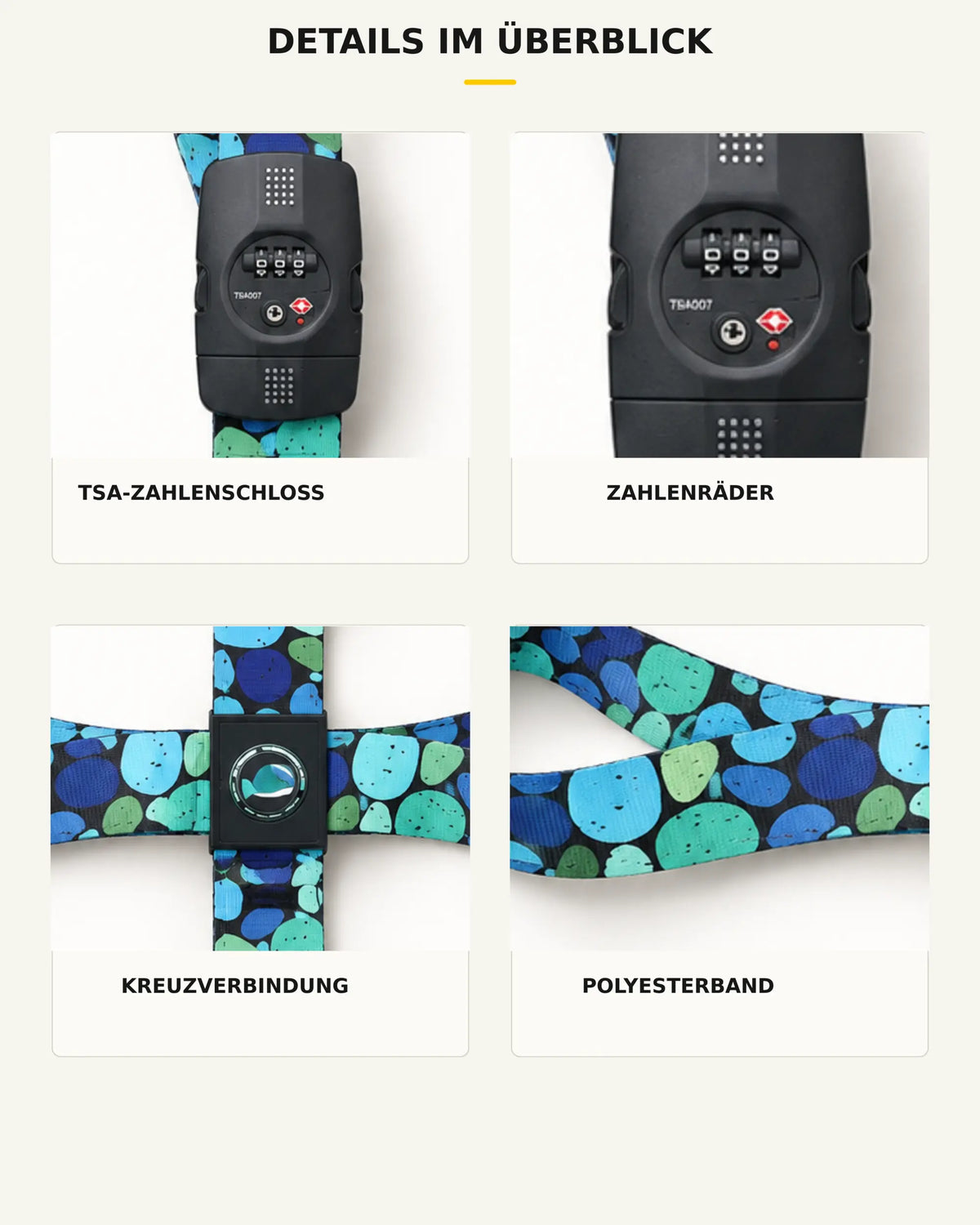 Details des CARRYON X TSA-Protect Kofferbands mit TSA-Zahlenschloss, Zahlencode, Kreuzverbindung und Polyesterband