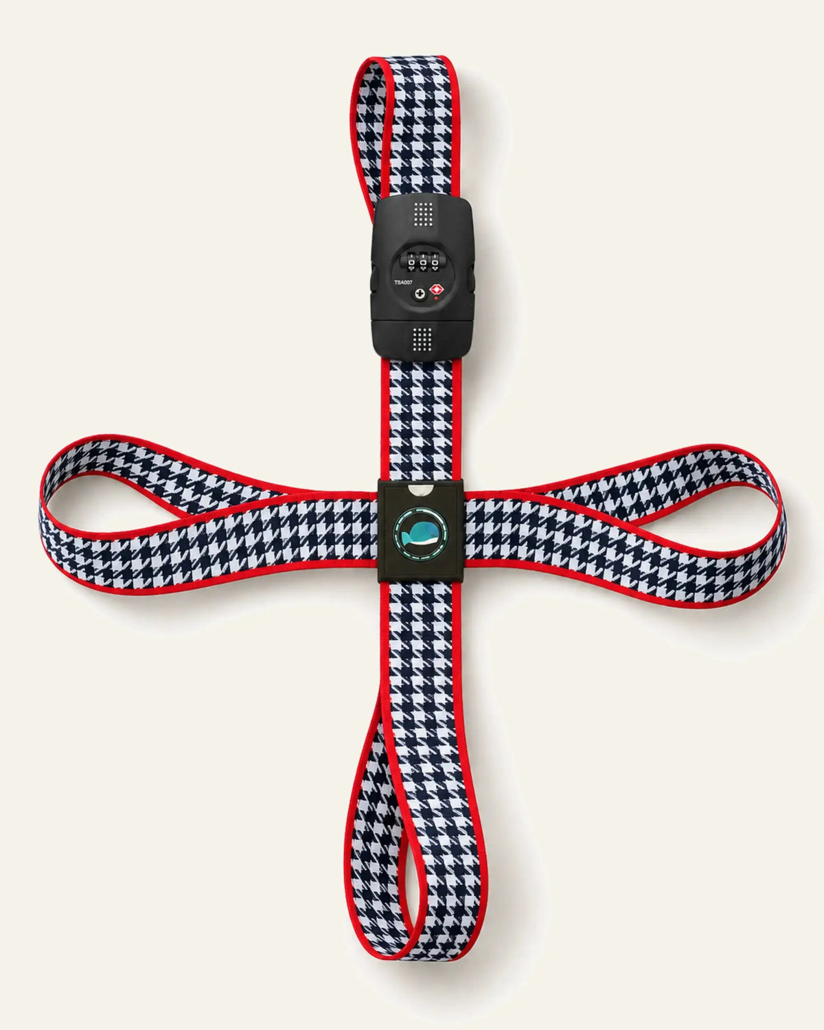 CARRYON X TSA-Protect Kofferband in Houndstooth als vollständiges Gurtsystem auf warmweißem Hintergrund