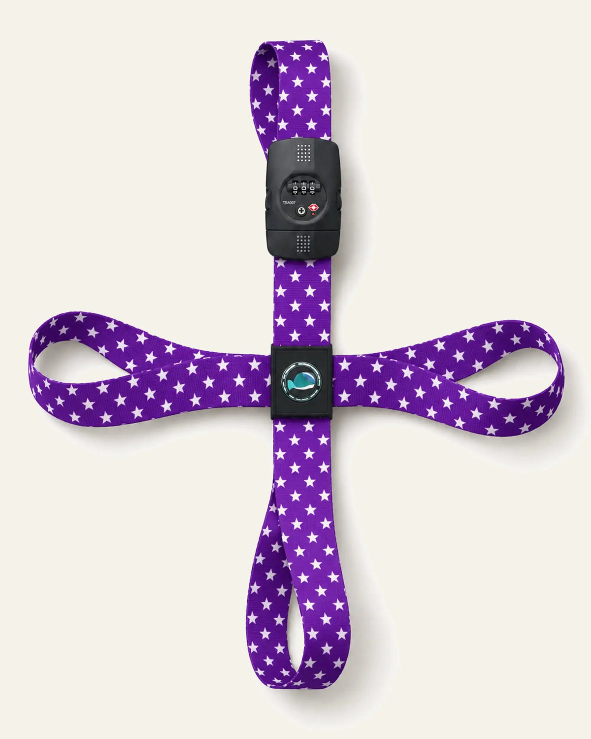 CARRYON X TSA-Protect Kofferband in Purple Star als vollständiges Gurtsystem auf warmweißem Hintergrund