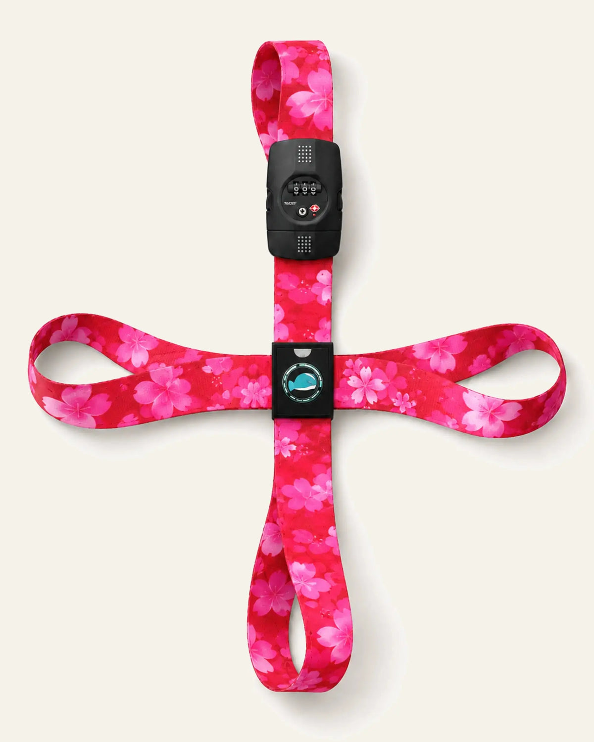CARRYON X TSA-Protect Kofferband in Sakura als vollständiges Gurtsystem auf warmweißem Hintergrund