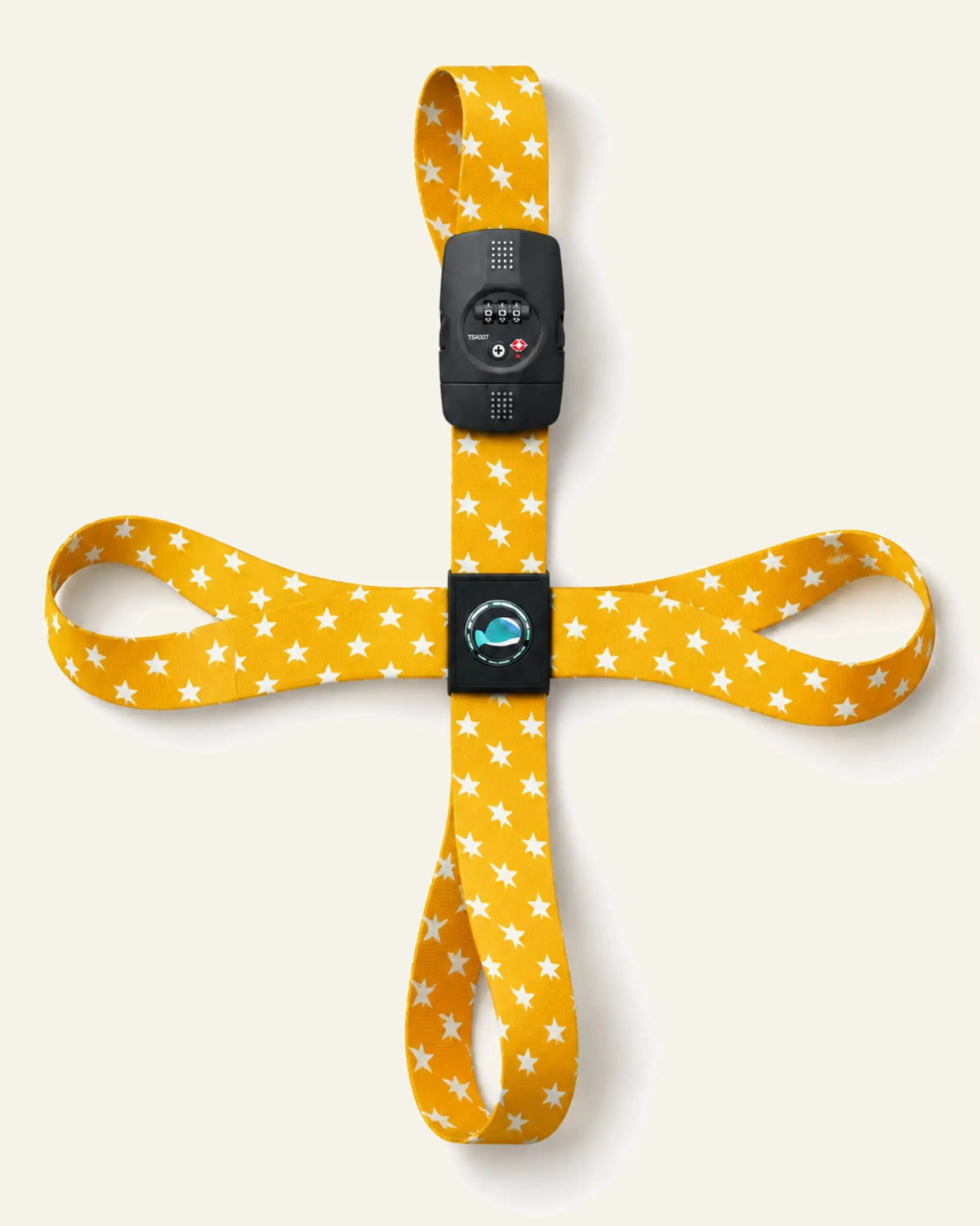 CARRYON X TSA-Protect Kofferband in Yellow Star als vollständiges Gurtsystem auf warmweißem Hintergrund