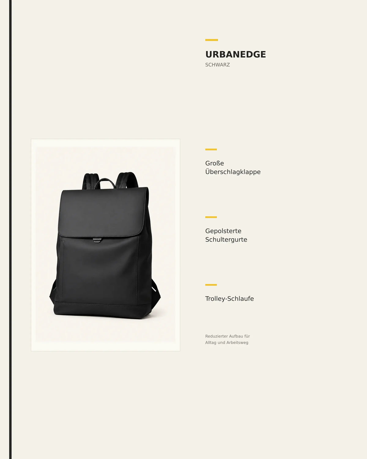 Schwarzer UrbanEdge Rucksack mit grafischer Übersicht sichtbarer Produktdetails.