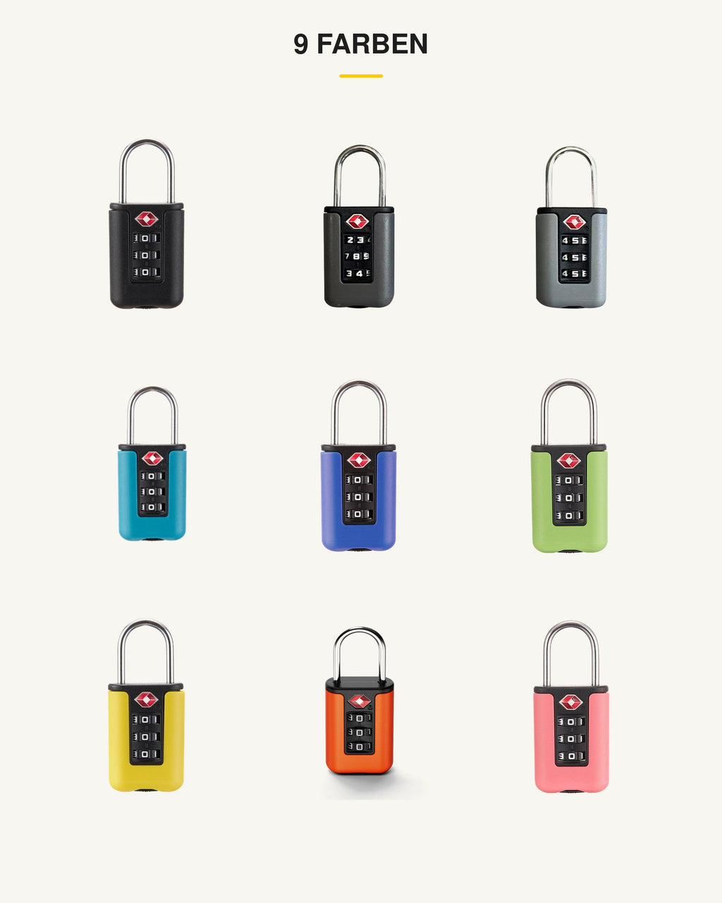Alle neun Farben des CARRYON X VaultLock TSA-Gepäckschlosses im Überblick.