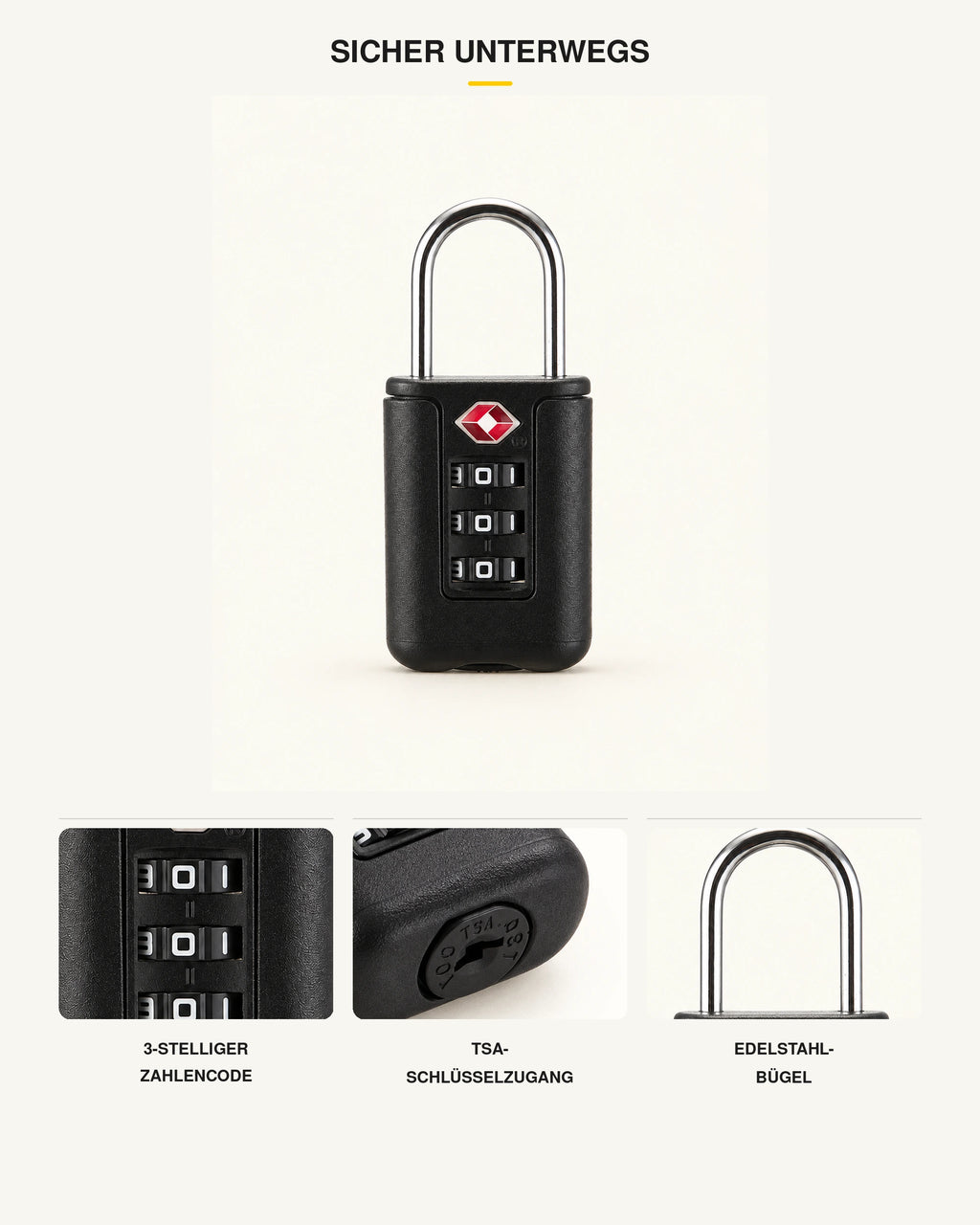 Schwarzes CARRYON X VaultLock TSA-Gepäckschloss mit Zahlencode, TSA-Schlüsselzugang und Edelstahlbügel.