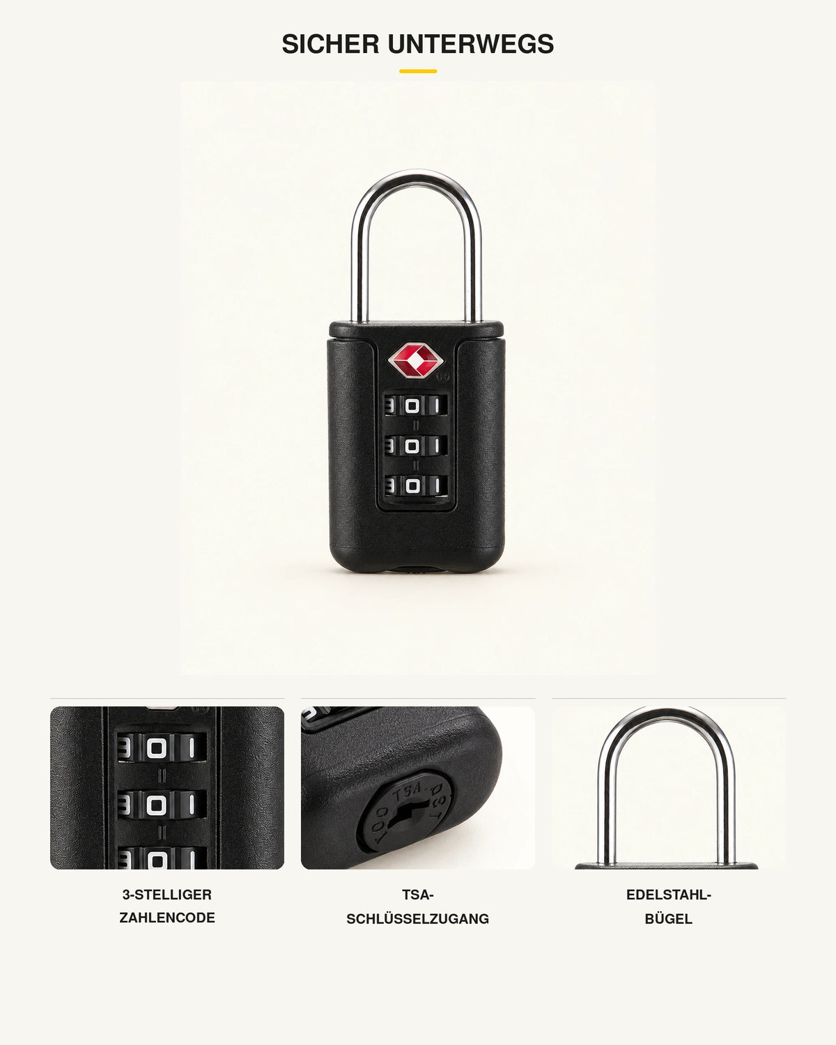 Schwarzes CARRYON X VaultLock TSA-Gepäckschloss mit Zahlencode, TSA-Schlüsselzugang und Edelstahlbügel.