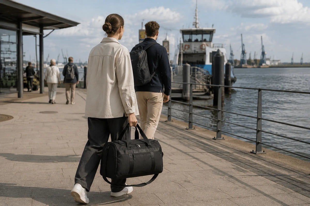 Reisende mit schwarzer Nuvora Weekender-Tasche an den Hamburger Landungsbrücken.